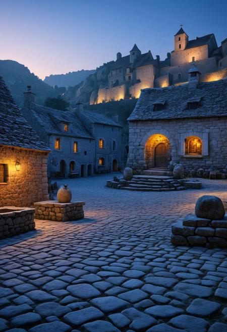 Ultra high-definition 16k resolution image captures a village square dominated by an ancient stone institution, 
its weathered facade glowing in the remnants of day's light, 
surrounded by whimsical characters in turtlenecks, 
a scene reminiscent of a vintage movie still, 
village square, 
ancient stone institution, 
turtleneck characters, 
classic movie scene, 
ultra high definition, 
photorealistic textures, 
dramatic lighting, 
cinematic composition
