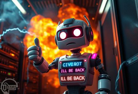 cinematic, dynamic light, cute civibot, cute bot, descending in lava, one thumbs up, fatal error, confused face, dazed face, danger sing as eyes, danger, fire, explosion, malfunction, electric sparks, server room exploding, server room in flame, server room with electric, storm led chestplate says "I'LL BE BACK"