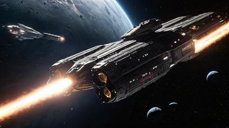 epic space ship, moving away, engine jets firing, scifi battle, asteroid belt, highly detailed spacecraft, battlestar galactica