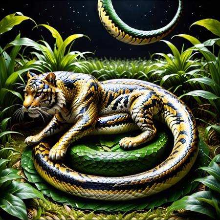 sn4ke, score_9, score_8_up, score_7_up, score_6_up, score_5_up, score_4_up score_9,score_8_up, a realistic Tiger made of snake skin on a Grass Plains by Crescent Moon