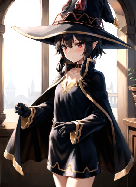 megumin, 1girl, bare shoulders, black hair, black cape, black gloves, blush, cape, choker, collarbone, dress, hair between eyes, hat, long sleeves, looking at viewer, medium hair, off-shoulder dress, off shoulder, red dress, red eyes, sidelocks, solo, witch hat, indoors, ((masterpiece)), the legend of zelda 
<lora:tloz_offset:1>