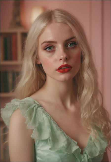 The scene is a dark academia library, bookshelf, indoors. A skinny egirlmakeup 4ng3l face woman stands alone and glowing. The scene is captured on Polaroid and Hasselblad 120mm medium format film, giving it a dreamy, nostalgic quality. The woman, who appears to be around 21 years old, is petite with long legs and porcelain skin. She is dressed in a random outfit and tall high-heel shoes. Her clothes are frilly and feminine, and her long blonde hair cascades down her back in loose waves. Her lips are painted a glossy red, and her eyes are framed by realistic dark mascara. Worried expression. Seafoam-green and pastel-pink colored smoke.