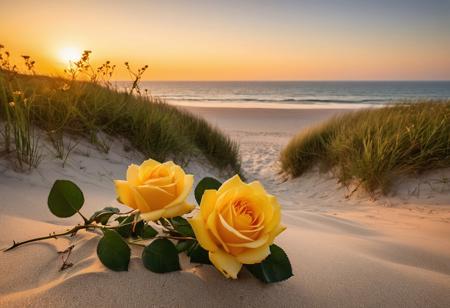 yellow roses bloom on a dune covered with grass. Their delicate petals contrast with the severity of the sandy beach and the wildness of the ocean. The photo exudes peace and beauty of nature. Possible tags: sunset, 
sea, 
beach, 
roses, 
nature, 
landscape, 
romanticism, 
peace, 
vacation, 
travel.