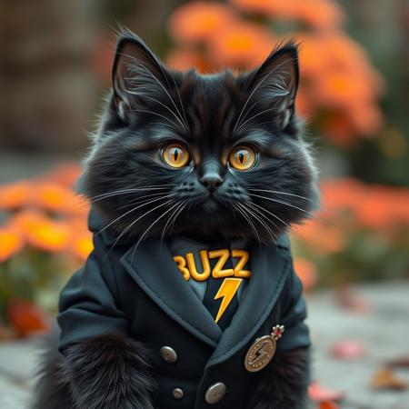 A black cat wearing a suit with the word ‘BUZZ’WITH A⚡ thunder sign, cute and fluffy, focus on the WORD, hyper detailed, beautiful environment,