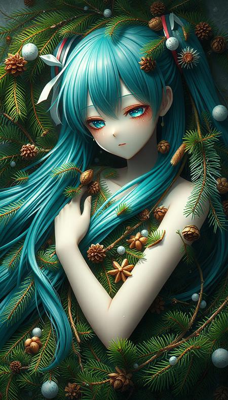 masterpiece of photography, dyanimic framing, an incredible image,In a world where reality blends with fantasy, Hatsune Miku's form was an ethereal sight to behold. Her body, once a vibrant and lively creation, now lay draped in the soft embrace of green pine needles that seemed to have taken root within her very being. The delicate leaves clung to her curves like a second skin, their gentle rustle echoing with each breath she took.  Her eyes, usually filled with an unwavering spark of creativity, were now glistening pools of sorrow as they welled up with tears. Each drop shimmered like dew on the greenery that had become part of her existence. The,
