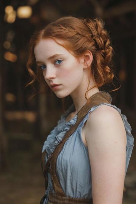 full shot photography of a pretty ginger irish girl, in the 18th century, blue eyes, messy victorian updo hairstyle, curly locks of hair pending over her shoulders, wearing a dirty filthy ragged used pirate outfit, looking around her, detailed face, detailed hands, indecent dynamic pose, smug expression, outside a tavern in an indonesian rustic fisher village, exquisite natural backlighting, dim light, rim light, low key, soft shadows, depth of field, photorealistic, analog film grain, rule of thirds, golden number, 8K, masterpiece
