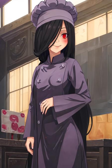 Sadatsuka_Nao_Shokugeki, 1girl, solo, black hair, long hair, hair over one eye, red eyes, @_@ chef, chef hat purple cloak, skull accessory