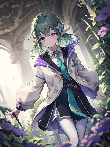 masterpiece,best quality,highres,cinematic lighting,dramatic angle,1girl,green hair,pointy ears,purple eyes,hair flower,hair ornament,necktie,medal,white jacket,black dress,white pantyhose,<lora:ShadowverseCastelle_VerdiliaV2-000013:0.8:lbw=1,0.1,0.2,1,1,0.4,0.1,0.8,0.8,1,1,1,1,1,1,1,1>,suqatting,looking at flowers,grass,happy,garden