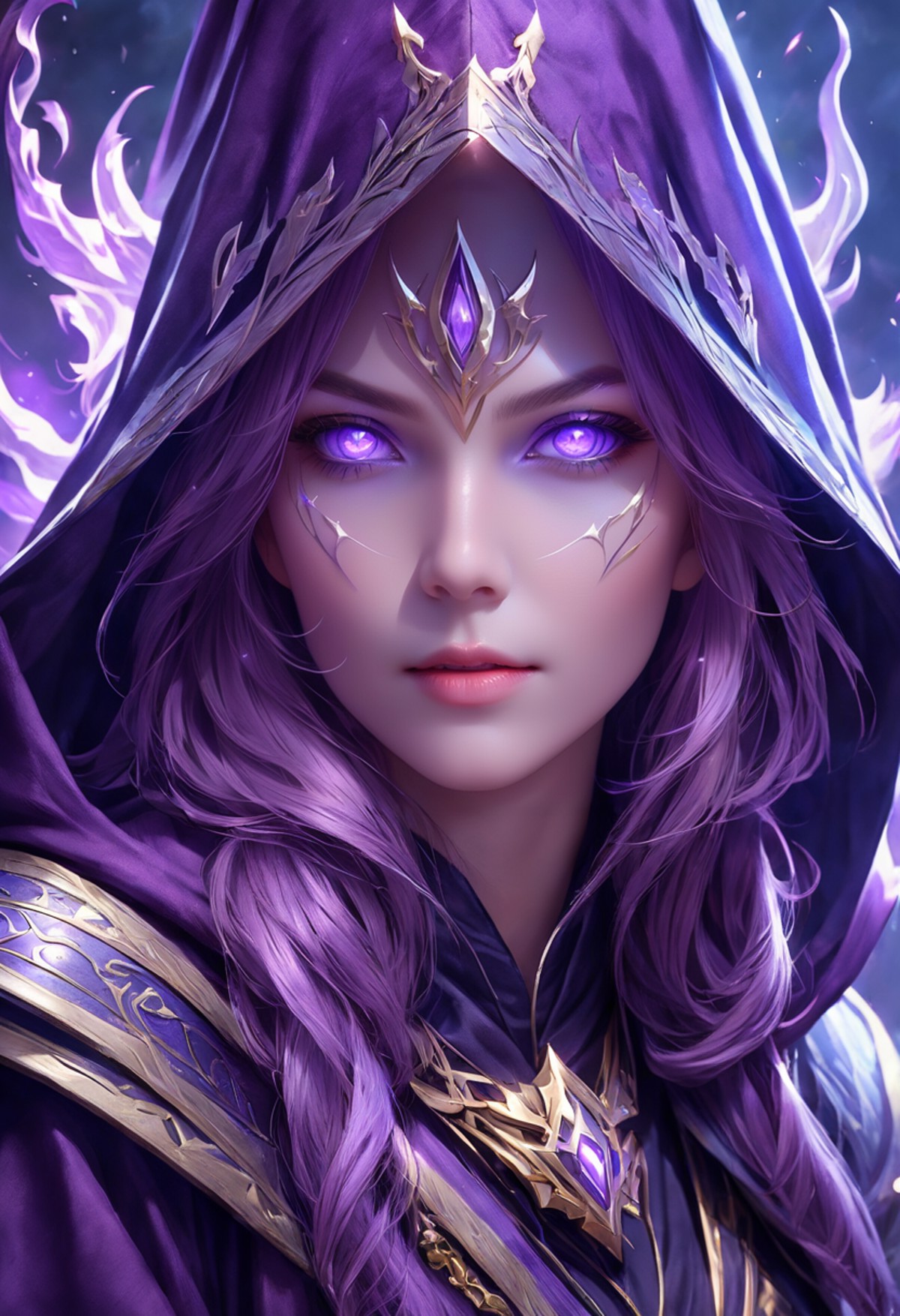 Fantasy Literature female warlock long hood cloak purple, beautiful face purple eyes. fighting monster with magic, 8 k, tr...