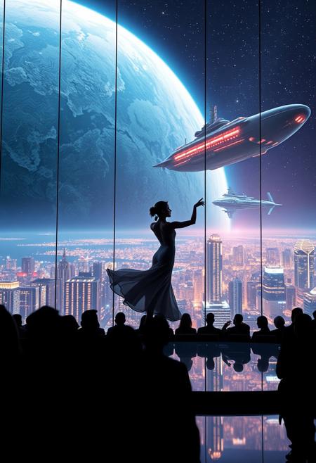 immaculately detailed realistic ultra quality image of a beautiful elegant female dancer is dancing on a futuristic stage micro-LED lighted, the dancer is the focus of the image, every detail of her dress and body are fully visible, the height of the image, behind the dancer on the stage is an enormous seamless and futuristic wall to wall and floor to ceiling window that looks out at a the planet's surface covered with the lights of enormous buildings and cities, An enormous deco starship with futuristic lighting and an enormous space station are visible in the background among the stars, Artistic art deco, dynamic perspective, (((overall architectural aesthetic is Art Deco Cyberpunk))).  Epic image that elicits a feeling of romanticism, wonder, and awe, the silhouette of the audience can be seen in the foreground that show the enormous scale of the stage and seamless window behind it,