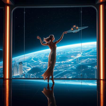 a beautiful elegant female dancer is dancing on a futuristic stage micro-LED lighted, behind the dancer on the stage is an enormous seamless and futuristic wall to wall and floor to ceiling window that looks out at a planet from low orbit, the planet is covered with the lights of enormous buildings and cities, An enormous deco starship with futuristic lighting and an enormous space station are visible in the background among the stars, Artistic art deco, dynamic perspective, (((overall architectural aesthetic is Art Deco Cyberpunk))).  Epic image that elicits a feeling of wonder and awe,