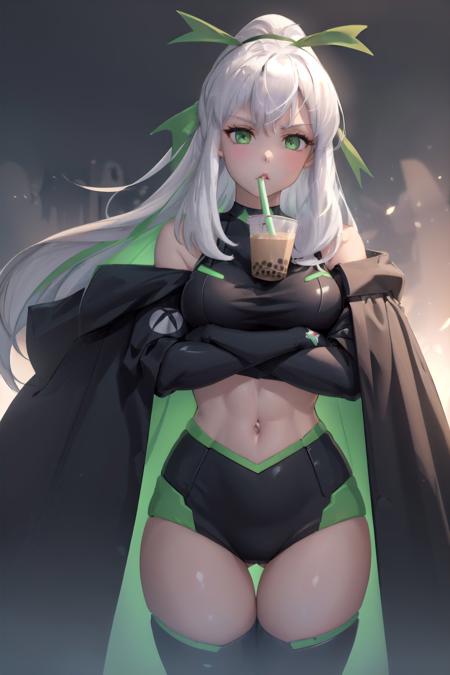 (masterpiece, best quality:1.2), <lyco:consolechan_xbox-09:0.9>, <lyco:concept_bubbleteachallenge-16:1.0>, solo, 1girl, xbox-chan, bubble tea challenge, drinking straw, crossed arms, ponytail, hair ribbon, clothing cutout, stomach cutout, cape