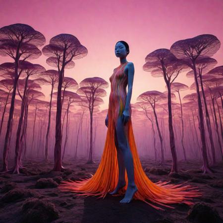 A surrealistic fusion of Reuben Wu's ethereal landscapes with Nick Knight's hyper-realistic models. A Synthetic forest of barcode trees, where creatures with Taro Okamoto's biomechanical limbs frolic and play. The sun sets in vibrant, electric hues, casting long, synthetic shadows that distort the Sharp Focus images of the models. In the distance, a satellite hovers, projecting old school designs onto the landscape, OverallDetail