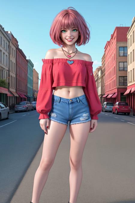 1girl, redhead, pink hair, short hair, heart necklace, freckled, bangs, green eyes, pink lips, red nails, short blue denim short and red top, cutoffs, offshoulder crop top, long sleeves, a heart necklace on her neck, navel, smiling, high quality, masterpiece, 8k, sharp focus, city background, full body visible, 4k, high-res, full body visible
<lora:sienna02:0.5>