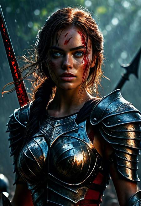 Ultra detailed digital art masterpiece Warrior girl dressed in a iron Armor and red mini skirt, Standing on a battlefield at the head of an army of knights, where a bloody slaughter is taking place, standing in battle pose, a dark epic fantasy, perfect lighting, beautiful Sadie Sink as Warrior girl, attractive woman, elegant, beautiful woman of athletic body,  epic shot of the whole Warrior girl, unreal engine 5 nanite quality, dark fantasy, dark environment, very stormy day, LOTR style, dark washed out eyeliner, no make up, natural bloody pale face, realistic blue eyes, ultra detailed atmospheric details, beautiful glowing effects, sparkle effects, realistic body proportions, beautiful face proportions, complex masterpiece, wavy black hair, creative glowing detailed tattoos, complex physics, enhanced colors, complimentary colors, ultra detailed raytracing reflections, Ultra detailed complex background, environment feels alive, direct eye contact, dramatic lighting, wet and sweaty skin, beautiful firm Breasts, Daylight, Concept art by Greg Rutkowski, adding to the intense and dynamic atmosphere of the scene.