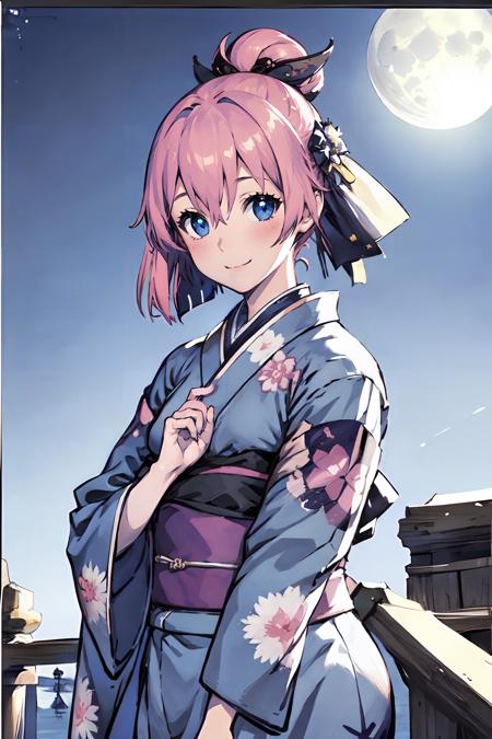 1girl, portrait, upper body, cute, blue_eyes, pink_hair, smiling, happy, blue_kimono, kawai, night_sky_background, star, moon