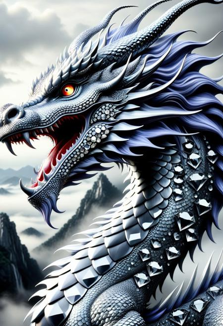 Ultra detailed.Ultrarealistic. sharp focus, dynamic lighting. play of light, reflection, refraction, Raytracing, chinese ink painting, super huge dragon, solo,  very detail, fantasy, clouds and mist, greyscale, Periwinkle mane, Legendary Gray scale made of diamond,diamondMW,countless diamonds