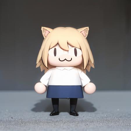 (masterpiece, best quality:1.2), chibi, <lora:style_walfie-20:1>, solo, 1girl, neco-arc, :3, blonde hair, cat ears, white sweater, blue skirt, pantyhose, loafers, tail <lora:neco-arc:1>