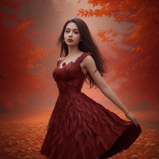 red dress woman, red dress made of medium cardboard leaves falling in cascade,red dress made of gradation from red to black,gorgeous ,ultra hd, realistic, full dress, 8k