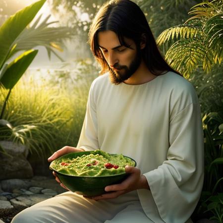 Imagine a tranquil garden bathed in the warm, golden rays of the setting sun. In the center of this serene oasis, there lies a beautifully crafted bowl of guacamole, fresh and vibrant in its green glory. The guacamole seems to emit a soft, ethereal glow, as if touched by the divine.
At this moment, Jesus the Savior stands beside the holy guacamole, his presence radiating pure love and compassion. He gently extends his hand towards the bowl, as if bestowing his blessings upon it. The scene is filled with a sense of reverence and awe, as if the very essence of spirituality has infused this simple bowl of guacamole.
Describe this enchanting moment, capturing the colors, textures, and emotions that envelop this sacred encounter.