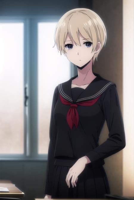 meihayakawa, <lora:mei hayakawa s1-lora-nochekaiser:1>,
mei hayakawa, short hair, bangs, blue eyes, blonde hair, hair between eyes, (black eyes:1.5),
BREAK shirt, long sleeves, jewelry, school uniform, white shirt, earrings, serafuku, sailor collar, neckerchief, red neckerchief, black sailor collar, stud earrings,
BREAK indoors, classroom,
BREAK looking at viewer, (cowboy shot:1.5),
BREAK <lyco:GoodHands-beta2:1>, (masterpiece:1.2), best quality, high resolution, unity 8k wallpaper, (illustration:0.8), (beautiful detailed eyes:1.6), extremely detailed face, perfect lighting, extremely detailed CG, (perfect hands, perfect anatomy),