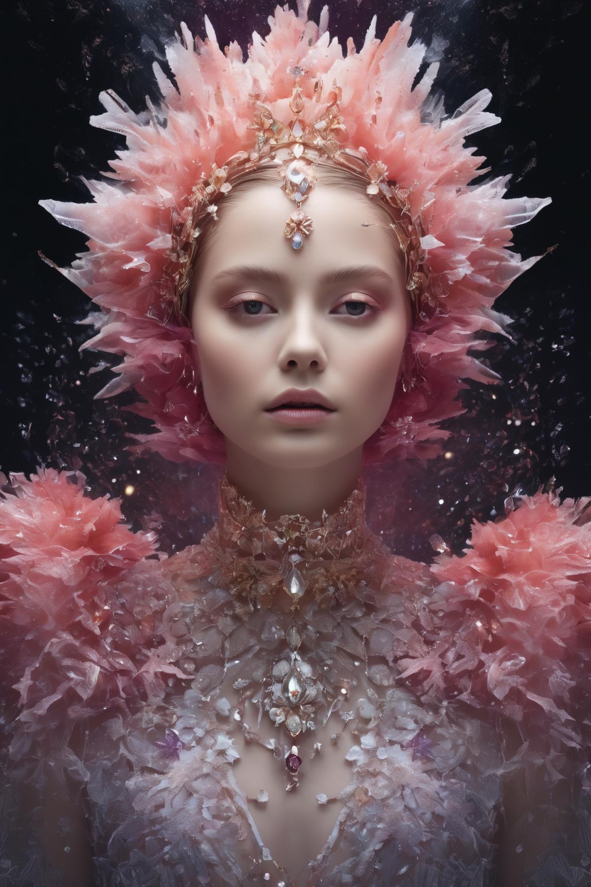 Woman with Pink Feather Headpiece and Shimmering Eye Makeup