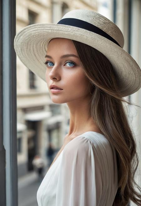 Create an ultra-realistic image, photographed with a 55 millimeter lens, of a beautiful woman with long hair, kristina piminova face, light blue eyes, wheat-colored skin, a slim model. Ultra detailed Photo by Mario Testino , elegant dark-haired woman in white and black dress and long-brimmed hat, looking at the window of a prestigious haute couture store, full body canon_5d_mark_4, elaborate_detail, female figure, full body woman