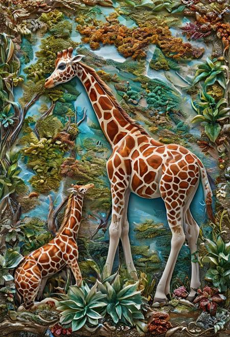 score_9, score_8_up, score_8. novuschroma54 style, masterpiece, midjourneyv6.1, ultra-detailed,(high resolution, octane render), 1animal , beautiful giraffe,eating leaf from the tree, GHIBSKY style, GHIBSKY style painting,