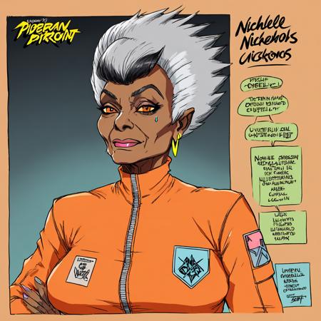 kliban-style portrait of nichelle nichols with a neon mohawk while wearing an orange prison jumpsuit, cyberpunk 2077 style