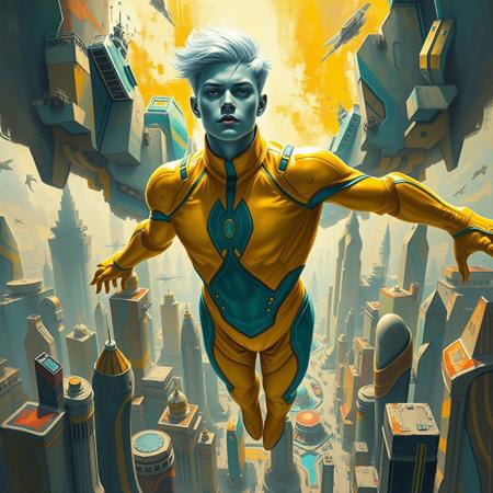 1boy, blue skinned, silver metallic short hair,  aged 30 (full body, facing camera, from below). Futuristic fashion, a golden yellow and teal  high tech bodysuit ,  it is form fitting with an open face design. the man has pale blue skin and is muscular and has an athletic  form , the hero is flying above a futuristic alien city that is very idyllic and made of numerous organic shaped buildings ,, the city behind him exploding into fractured shapes and vibrant brushstrokes. cinematic realism, modernist abstraction, vintage fashion, expressive color palette, fragmented composition, narrative surrealism, romantic noir, bold geometric forms, rhythmic patterns, textured brushwork, dreamlike tension, symbolic elements, 20th-century elegance, surreal backgrounds, abstract expression, stylized figures, visual dynamism, painterly contrast, emotional ambiguity, narrative experimentation