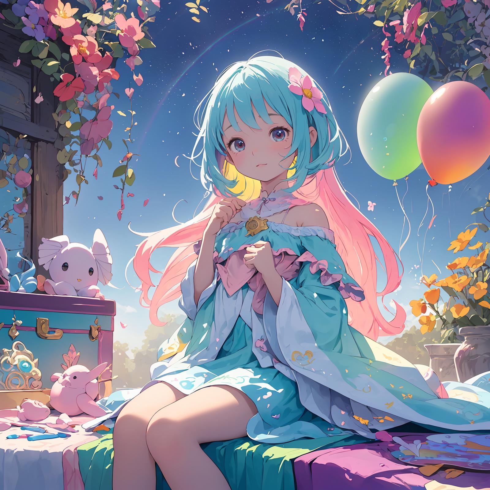 Anime-inspired illustration of a girl in a blue dress sitting on a bed with stuffed animals.