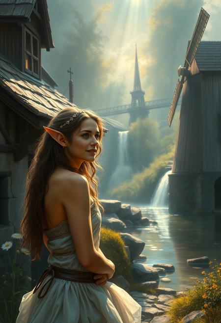 An evocative scene outside a watermill, full of magical splendor. An oil-painted, serenely blissful, youthful, exotic, beautiful, tiefling is in a fantasy setting. A diffuse shaft of light illuminates her. Rendered as an oil painting by Peter Paul Rubens and Claude Monet. Gorgeous, epic, luministic, hyperrealistic, fantasy art, with high chroma and beautiful lighting and shading.