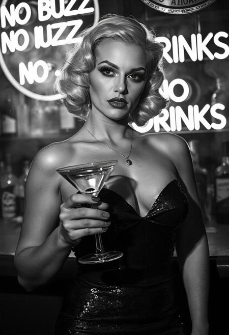 Film noir style, black & White, high contrast, greyscale:2.5, 1940s film noir detective movie, shot on film, film noir detective movie, cinematic, 
((best quality)), ((masterpiece)), (detailed), film noir butterfly lighting, 
Female, beautiful voluptuous woman, platinum blonde hair in 1940s pinup style, full pouty lips, lips parted, busty, hourglass figure:0.7, slinky strapless and sleeveless dress, super sexy sequin dress, standing at a bar in a cocktail lounge, Smokey background:0.6, neon Sign says “NO BUZZ NO DRINKS”:1.5, highly detailed skin, looking at the viewer,  holding a martini glass, background of a bar, backlit bottles of upscale alcohol on shelves behind bar:0.6, no watermark signature, closed mouth, insanely detailed, ((masterpiece)), HDR, key visual, studio quality, highly detailed, close portrait,
beautiful, ultrafine, detailed, studio lighting . Monochrome, high contrast, dramatic shadows, 1940s style, mysterious, cinematic, film noir:0.9,