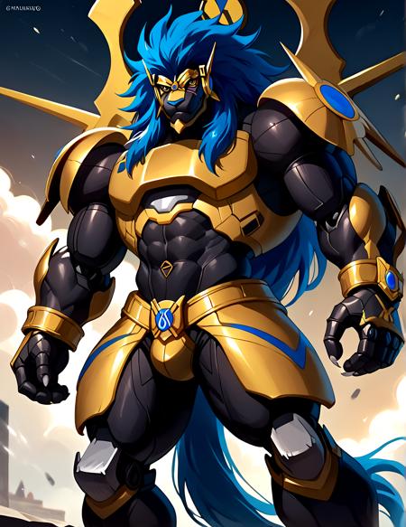 Apollomon Whispered muscular blue mane black lion armor Digimon long hair robot cyborg mecha