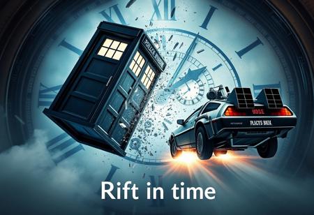 Movie Poster Concept: The iconic TARDIS and the DeLorean are colliding mid-air with a warp of time swirls around them. In the background, a huge clock is shattering into pieces as gears fly across the frame. Both characters are half-visible, in awe of the chaos around them, as if they accidentally triggered a time rift.
Title "Rift in time"