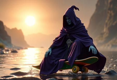 A powerful purple-robed dark magician with a pale gray head, seated on a dynamic green/orange skateboard with bright emblem. Foreground by glistening river, distant radiant Realm of Light background. Cinematic lighting, Unreal Engine 5, Octane Render, Artstation trending, CGSociety, high-res, 4k, intricate details, Golden Ratio, matte painting, impeccable composition.
