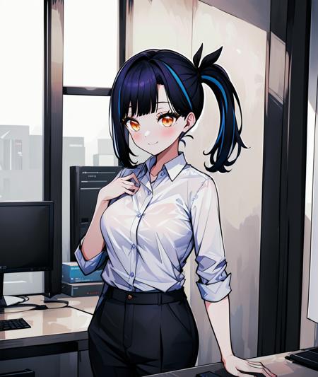 <lora:agingdiffusion_based_isedol-000008:0.8>, (1girl, solo, masterpiece, best quality, extremely detail, absurdres), indoors, light smile, blush, shirt, collared shirt, suit, formal_trousers, office, (lilpa, blue hair, black hair, two-tone hair, side ponytail, orange eyes)