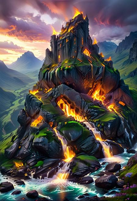 (by Ellen Jewett:1.5), (Bioluminescent Impressionism, Scottish highland  landscape, Flow in the Name of fire* *Channel_42* *中* *Broadcasting* *Artificially_Atypically_Autistically* *Magnetic**Synesthesia* *fire* *lightning*, The Dreamland, green earth, heather, sky sunset, sunrise ,waterfall, great castle on a crag, Crag, highland mountains, ethereal landscapes, depth of field, biotech emotion:1.3) <lora:xl_more_art-full_v1:0.5> <lora:add-detail-xl:1> <lora:RMSDXL_Creative:2>*Channel_42* ral-wlfnte