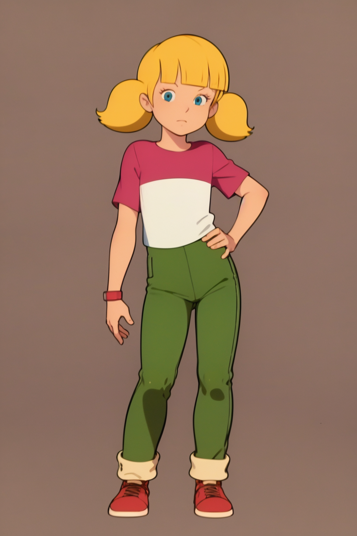 masterpiece, best quality, 1girl, penny, blonde hair, twintails, blunt bangs, blue eyes, red shirt, green pants, brown sho...