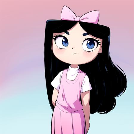 1girl, solo,  black eyes, black hair, blue eyes, hair bow, isabella garcia, long hair, white shirt, pink dress, child, white socks, 