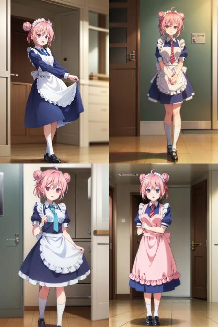 <lora:sugarlife01-000028:0.7>, 1girl, full body, satou, pink hair, buns, apron, maid uniform, blue tie, necktie