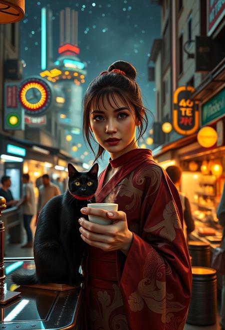 Setting is a futuristic cyberpunk street market at night, the market is comprised of street vendors selling robot parts, food, weapons, and robot pets. People wearing futuristic cyberpunk clothing are walking through the street market shopping and eating, A sleek black cat with red collar sits on a cluttered metal riveted counter with transparent top and micro-LED lighted computer components visible inside, On the counter is a classic ornate art deco espresso machine of copper and brass, (((a beautiful woman, 24 years old, is standing in the foreground facing the viewer with a steaming cup of espresso in her hand. Her eyes are beautiful and focused on the viewer, she has an expression of interested curiosity))), the sleek black cat with red collar is sitting on the desk and watching the people walking by in the busy street market, the woman is dressed in futuristic cyberpunk Japanese style kimono-style clothing that are sexy and Japanese classic aesthetic. An enormous art deco inspired starship with futuristic lighting and an enormous space station are visible in the background among the stars, The woman's hair is elegantly tied up with a ribbon. Artistic cyberpunk, dynamic perspective, (((overall architectural aesthetic is Art Deco Cyberpunk))).  Epic image that elicits a feeling of wonder and awe, part of the interior is visible,