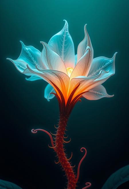 glowing alien flower, surreal botanical design, translucent petals, ethereal lighting, deep teal background, fantasy plant, spiked spiraled stem, soft gradients, cinematic lighting, detailed texture, exotic flora, sci-fi botanical art, visionary art, ethereal landscapes, surreal realism, vibrant colors, cosmic themes, fluid forms, mystical light, intricate details, transcendental imagery, otherworldly beings, abstract shapes, spiritual symbolism, dreamlike atmosphere, soft gradients, metaphysical essence