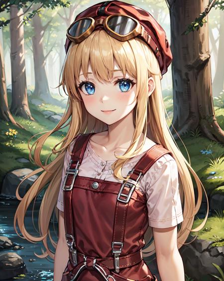 best quality, (masterpiece:1.2), illustration, absurdres,
(1girl), (solo), (beautiful detailed girl), (upper body, portrait), 
<lora:TitaSky-08:0.8>, Tita Russell, blue eyes, blonde hair, long hair, small breasts, flat chest, petite,
red hat, headwear, goggles on headwear, pink shirt, red apron, pink shorts, black pantyhose, red shoes,
smile, blush, looking at viewer,
pine forest, scandinavian forest, river, rocks,