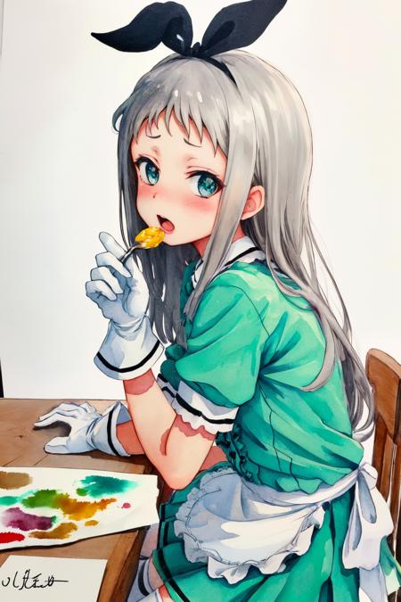 hideridef, otoko no ko, hair bow, black hairband, dress, short sleeves, frills, waist apron, frilled apron, skirt, white gloves, white thighhighs 