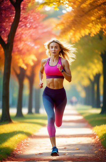 A photorealistic image of sbrn crpntr woman,  jogging in a vibrant park setting, during a sunny morning, with rich and bright colors, expressing determination and energy, in the style of Impressionism, featuring dynamic epic action, with a soft bokeh background effect, analog film grain, bokeh