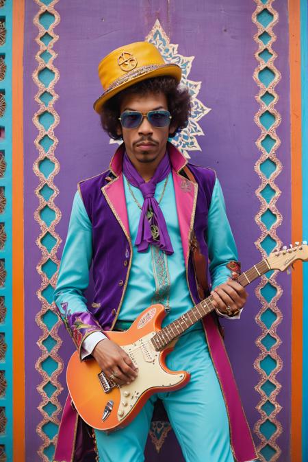 creative pose, vibrant colors, Moroccan style background, portrait,close up of a (jimi hendrix:1.1) , he is dressed in Cosplay costume, his Cosplay costume is tailored by gucci, shallow depth of field, Tranquil, Selective focus, <lora:Hassan_Hjjaj_Style:0.8> the hassan hajjaj style