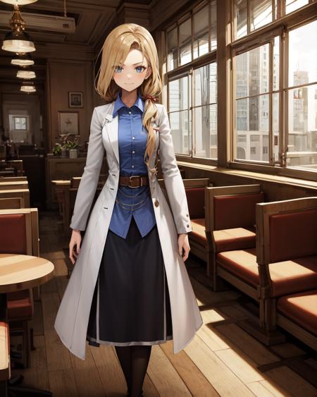 best quality, (masterpiece:1.2), illustration, absurdres,
(1girl), (solo), (beautiful detailed girl), 
<lora:Erika-06:0.9>, Erika Russell, blonde hair, long hair, hair over shoulder, red ribbon in hair, medium breasts,
white labcoat, blue shirt, long black skirt, pantyhose, red high heels,
proud, (angry:0.8), smug, smile,
particles, enchanting, magical, magic,
inside trendy cafe, window, day, godrays, sunlight, buildings,