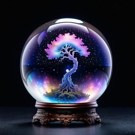 Universe in a glass crystal ball on a beautiful intricate stand made of . Galaxy, stars, space.. Emitting light. Glowing, mystical aura, polished glass, magical reflections, intricate stand, swirling mist, enchanted object, spiritual energy, mysterious shine. Black background. sinoink