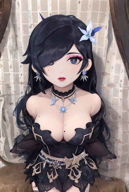 Toy Plushie, masterpiece, best quality, FFX, Final Fantasy 10,  LuLu, 1girl, solo, mole under mouth, jewelry, black hair, mole, makeup, necklace, hair over one eye, belt, dress, lipstick, breasts, long hair, cleavage, hair ornament, eyeshadow, thighhighs, earrings, strapless dress, multiple belts, strapless, bare shoulders,  <lora:Toy_Plushies-10:1>